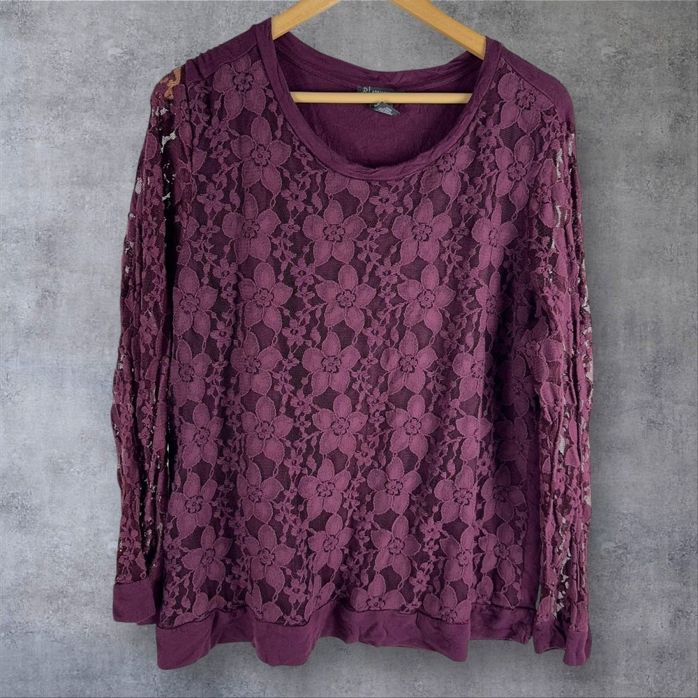 Adrianna Papell Popover Top Lace Overlay Sheer Sleeve Wine Burgundy Size XXL 2x